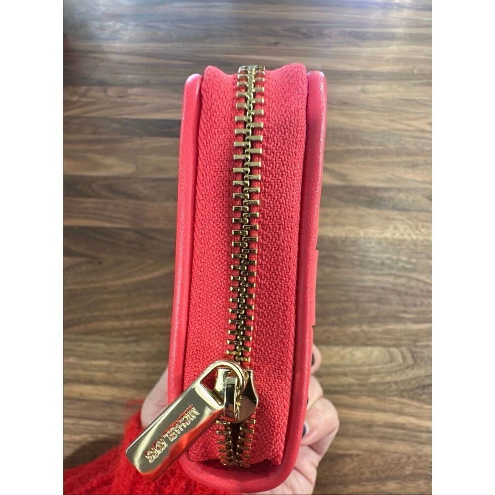 Michael Kors Jet Set Lattice Leather Zip Around Long Wallet Geranium Pink Woven - Picture 2 of 10